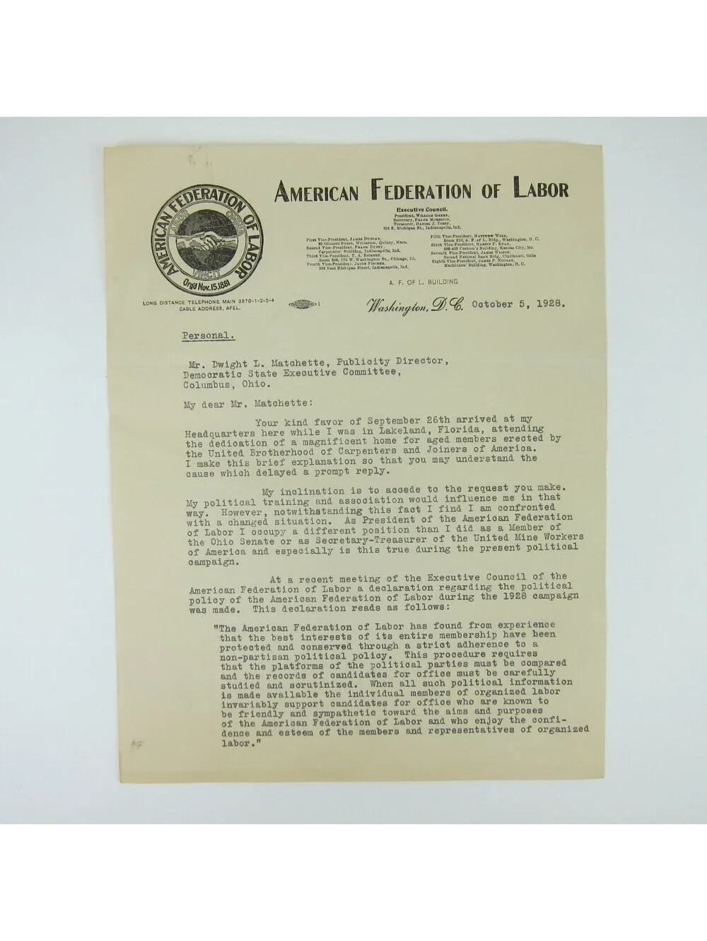 Letter William Green American Federation of Labor Dwight Matchette Ohio 1928 Vtg